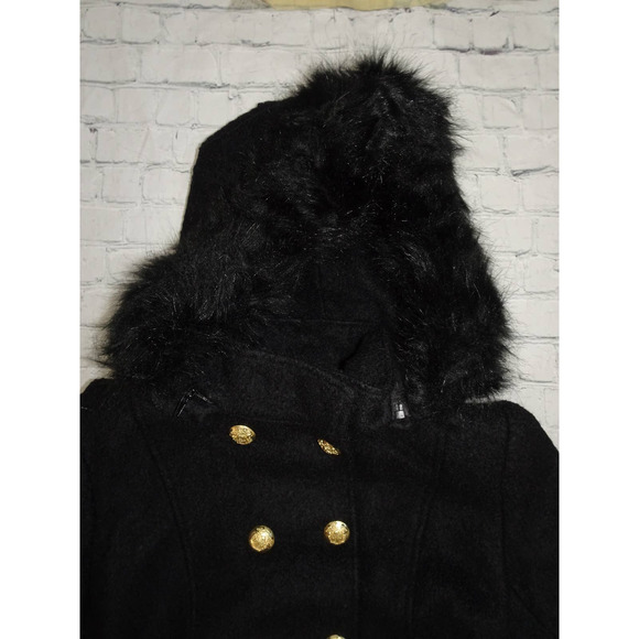 Liz Claiborne Sz M Women's Black Boucle Faux Fur Hooded Wool Blend Swing Coat - Picture 3 of 9